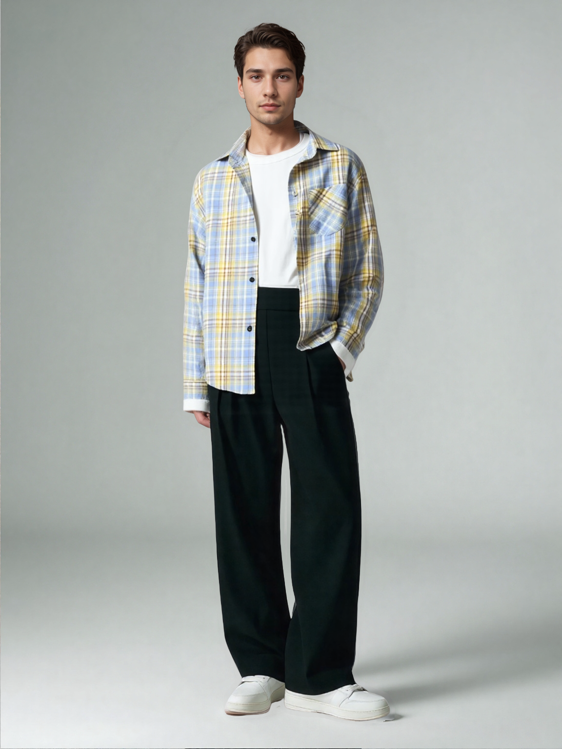 Bram - Wiosna Jesień Wzór w Kratę Luźne Długie Rękawy Kołnierz Mężczyźni