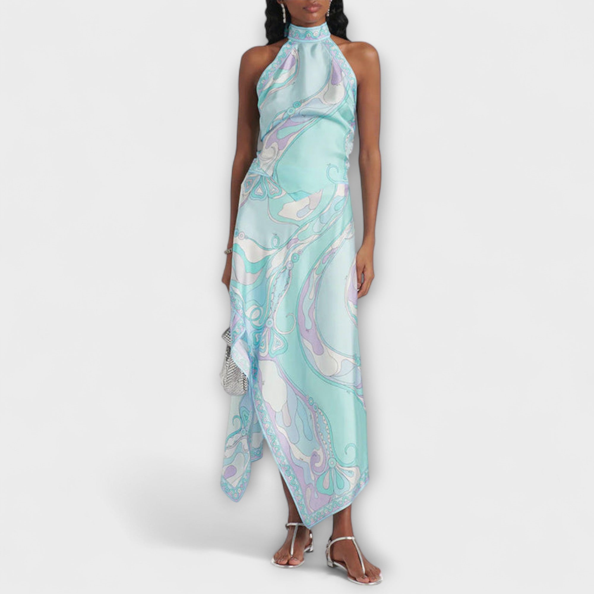 Everly – Satynowy Zestaw z Topem Wiązanym na Szyi i Asymetryczną Spódnicą Midi