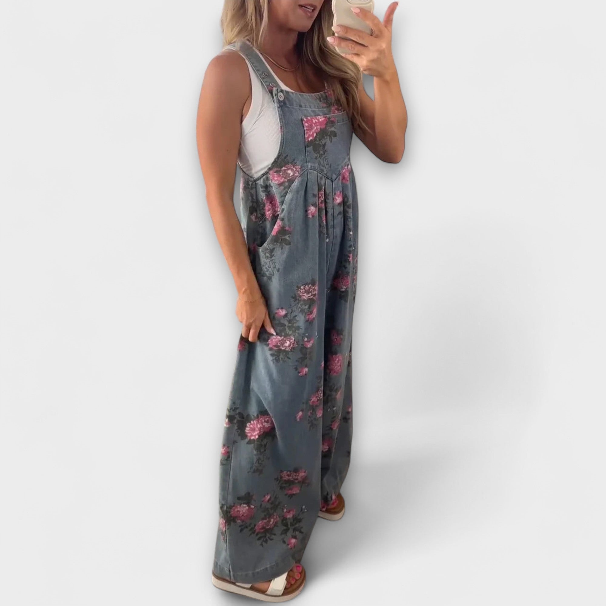 Karlin - Kwiatowy wzór Luźne Dżinsowe Ogrodniczki