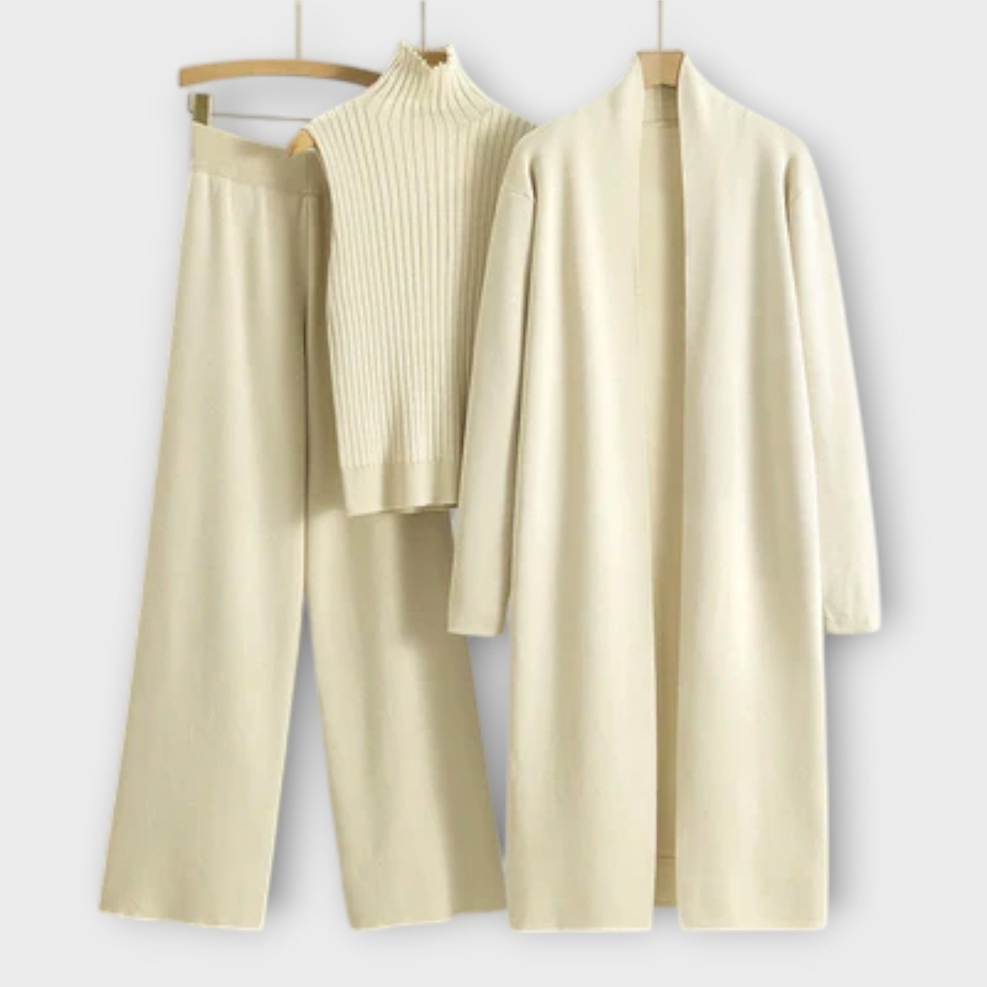 Isabella – Stylowy komplet trzyczęściowy: spodnie, top i kardigan