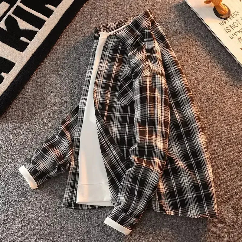 Bram - Wiosna Jesień Wzór w Kratę Luźne Długie Rękawy Kołnierz Mężczyźni