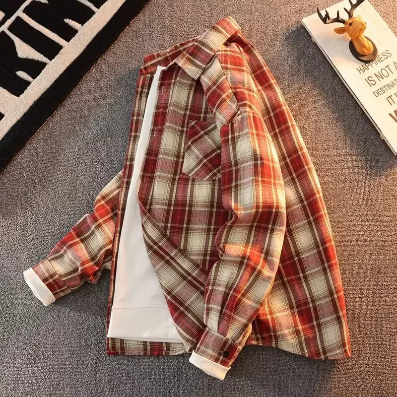 Bram - Wiosna Jesień Wzór w Kratę Luźne Długie Rękawy Kołnierz Mężczyźni