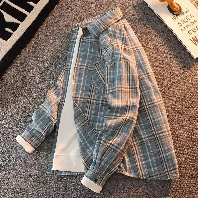 Bram - Wiosna Jesień Wzór w Kratę Luźne Długie Rękawy Kołnierz Mężczyźni