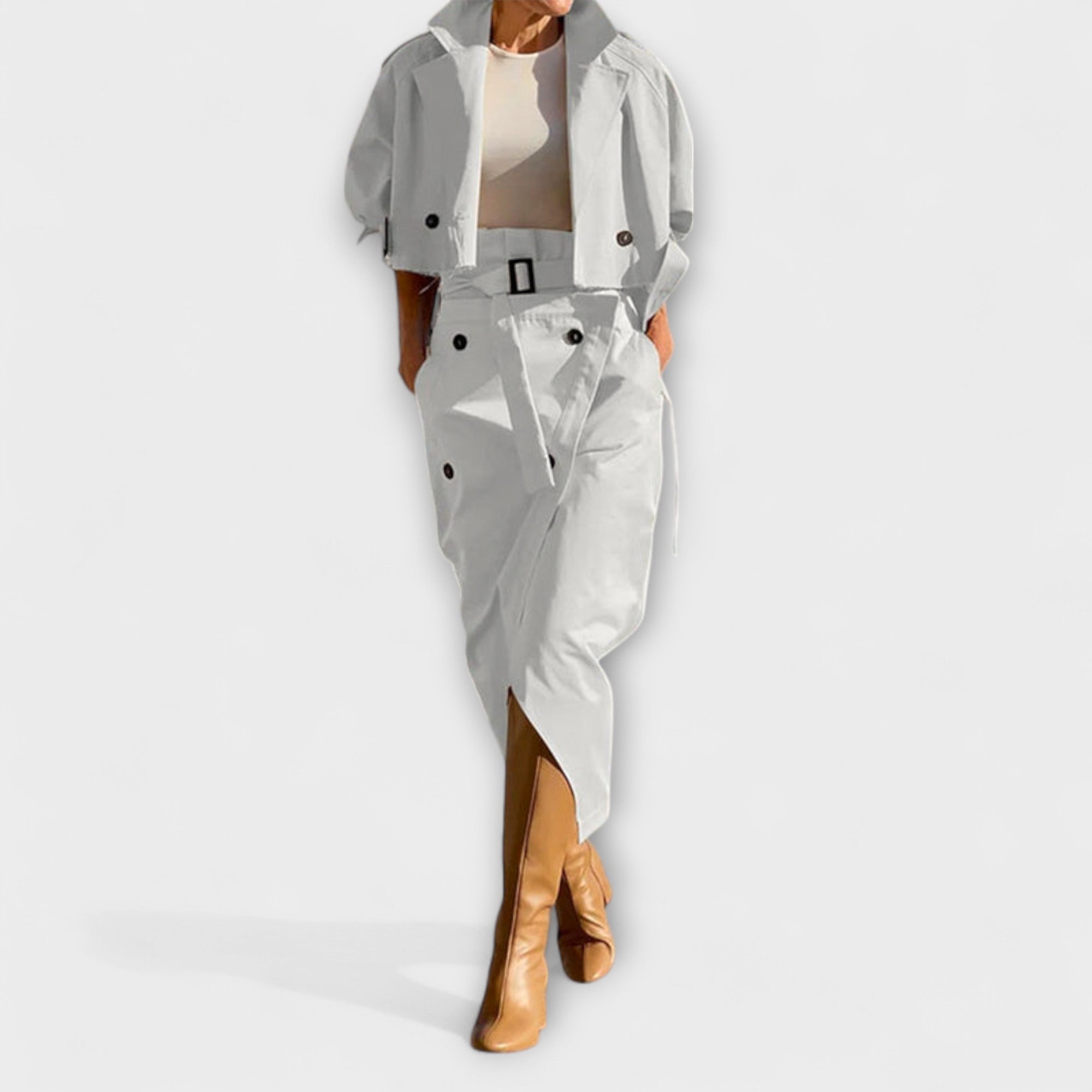 Lyra – Elegancki Zestaw: Marynarka i Spódnica Midi z Kieszeniami