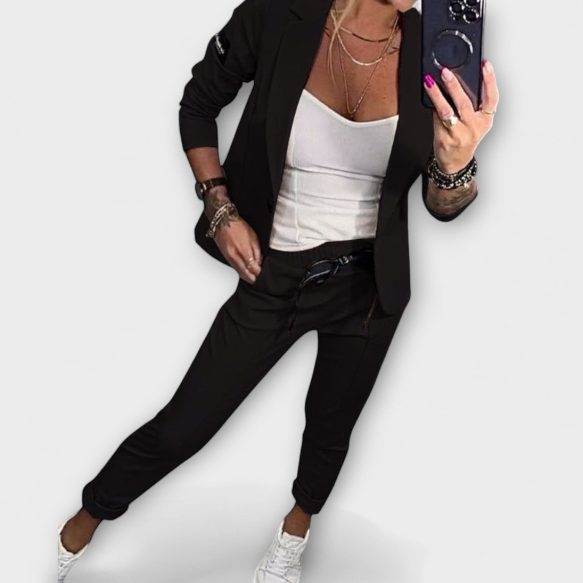 Malou – Stylowy komplet 3-częściowy: top, lekka kurtka i spodnie