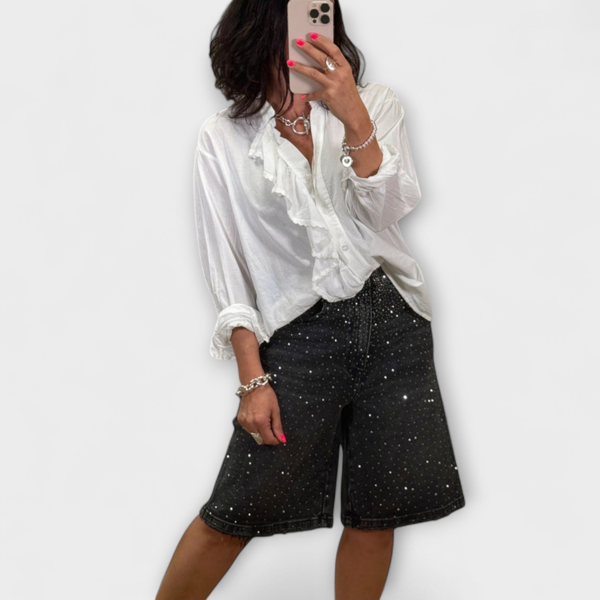 Elina – Szorty Bermudowe z Błyszczącymi Kryształkami