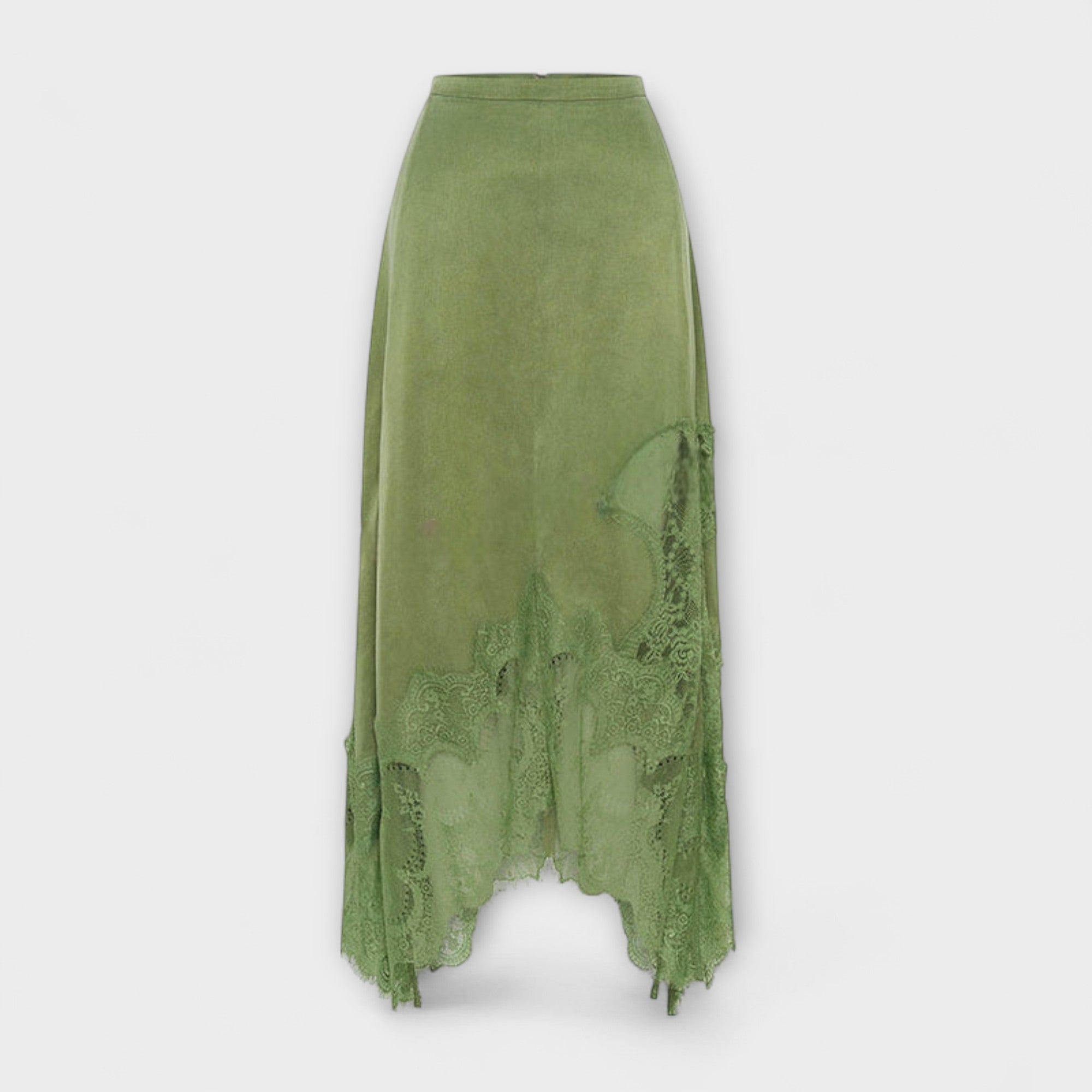 Kaia – Satynowa Sukienka Maxi z Plisowanym Dekoltem i Koronkowym Wykończeniem