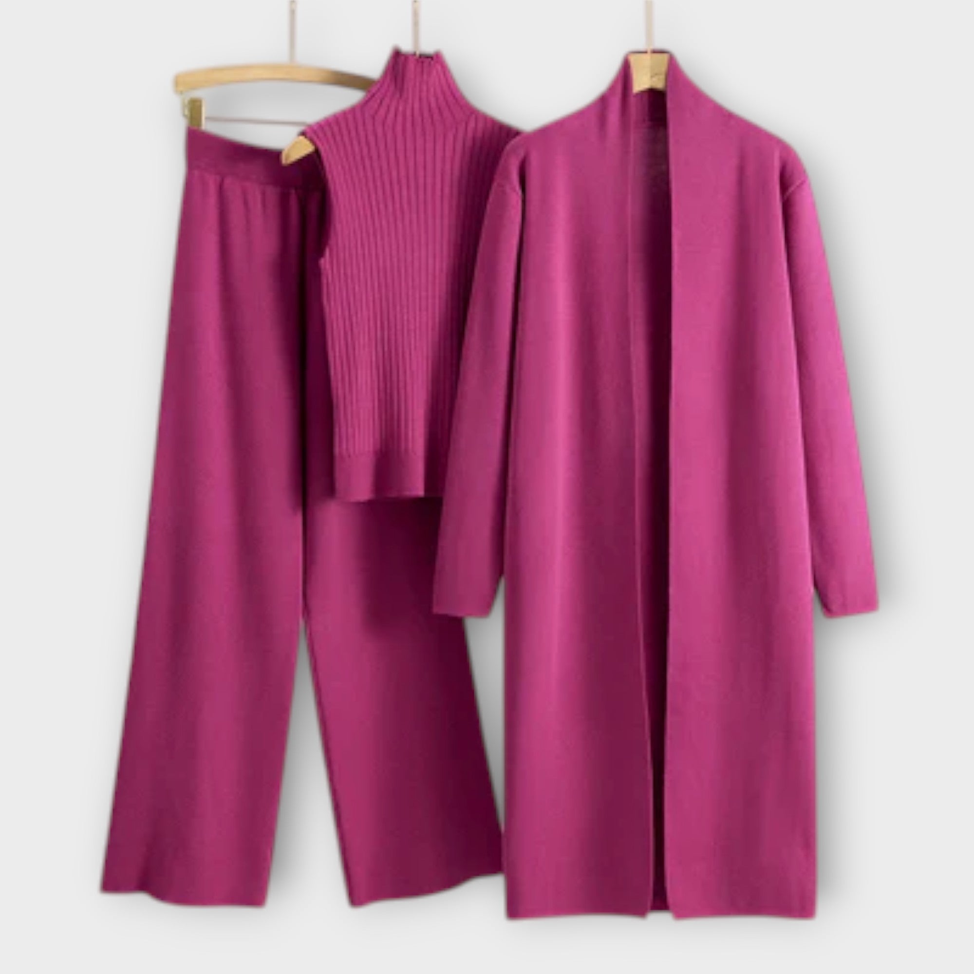 Isabella – Stylowy komplet trzyczęściowy: spodnie, top i kardigan