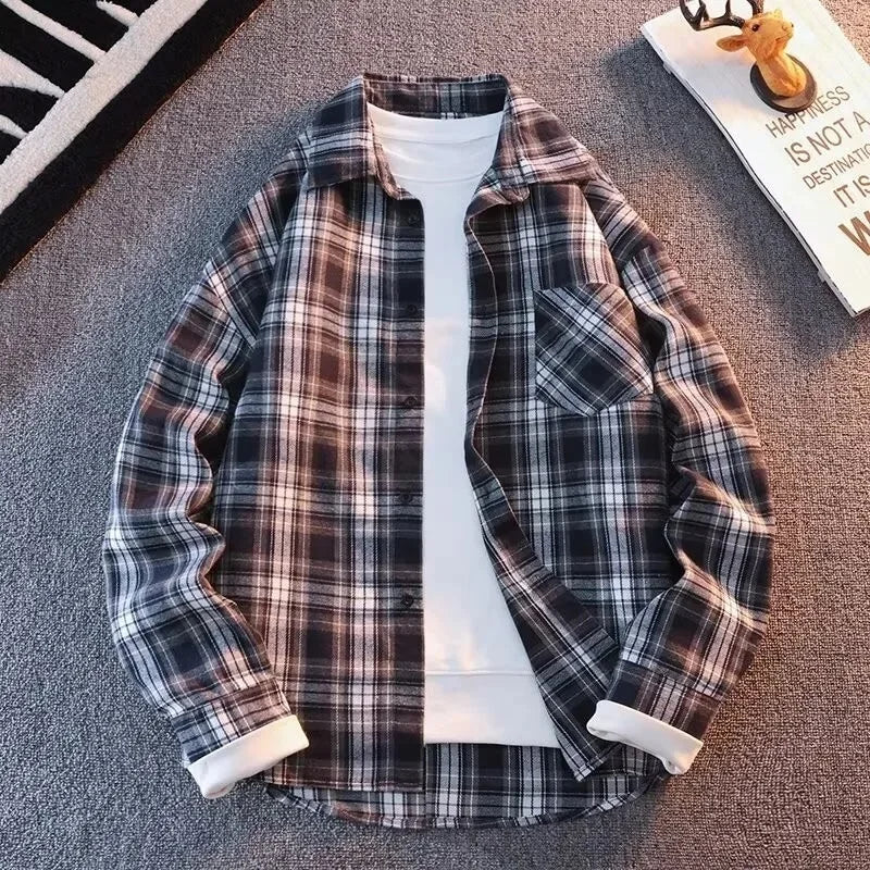 Bram - Wiosna Jesień Wzór w Kratę Luźne Długie Rękawy Kołnierz Mężczyźni