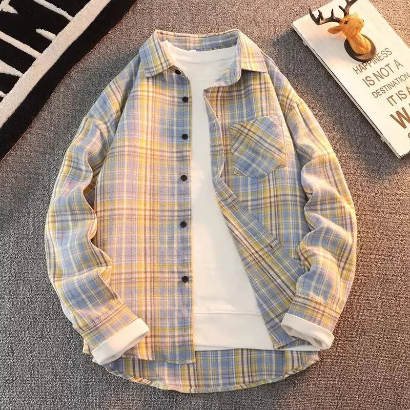 Bram - Wiosna Jesień Wzór w Kratę Luźne Długie Rękawy Kołnierz Mężczyźni