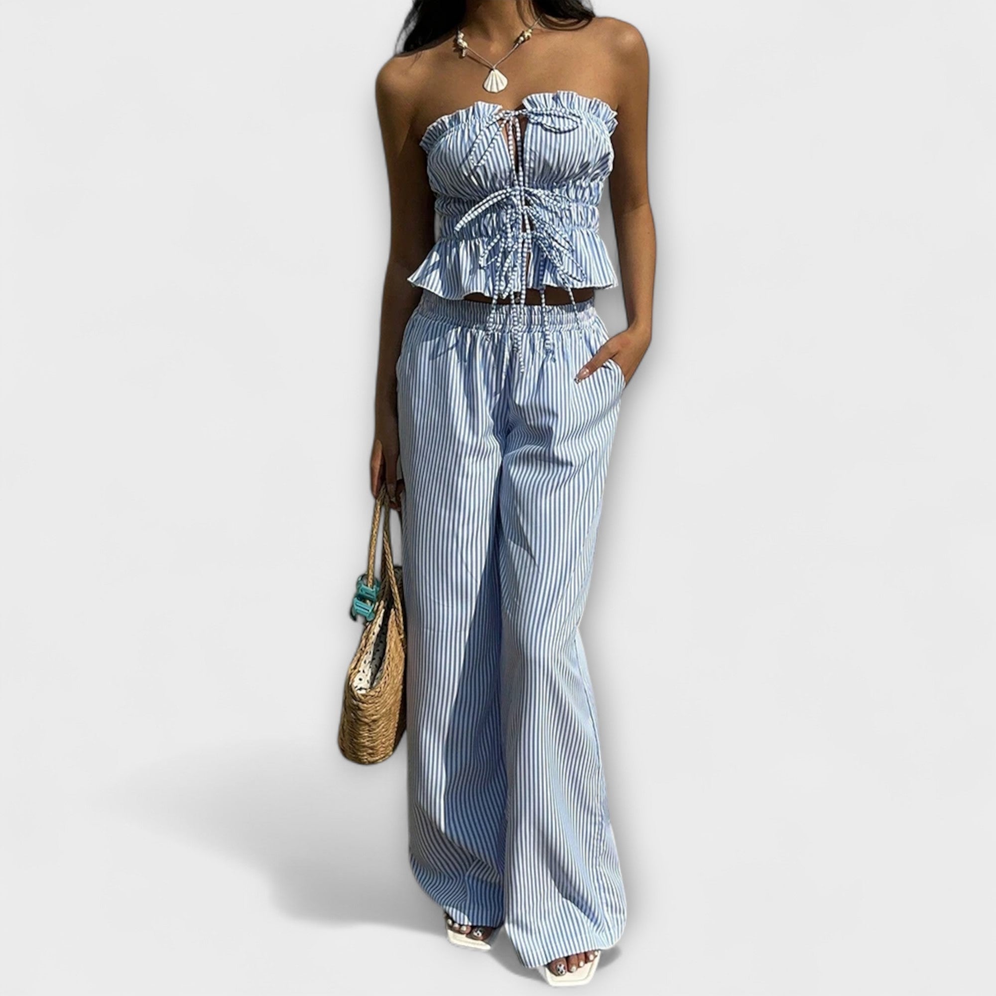 Mia – Letni Damski Zestaw z Spodniami i Górą Bez Ramiączek