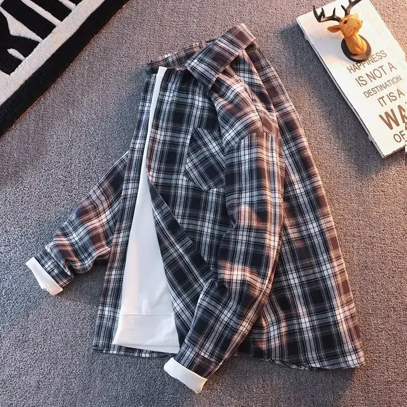 Bram - Wiosna Jesień Wzór w Kratę Luźne Długie Rękawy Kołnierz Mężczyźni