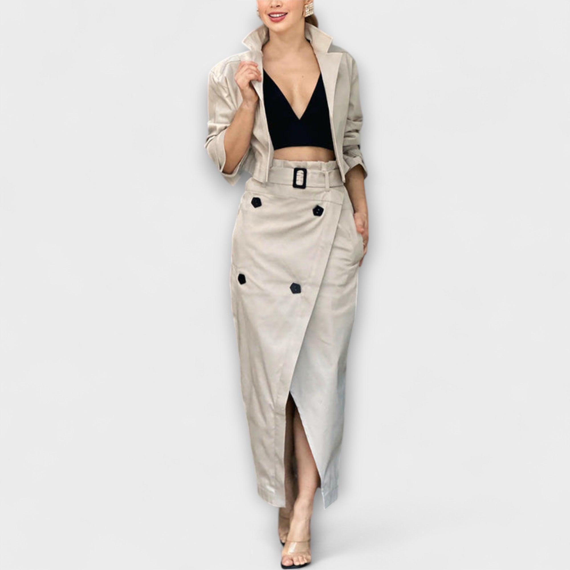 Lyra – Elegancki Zestaw: Marynarka i Spódnica Midi z Kieszeniami