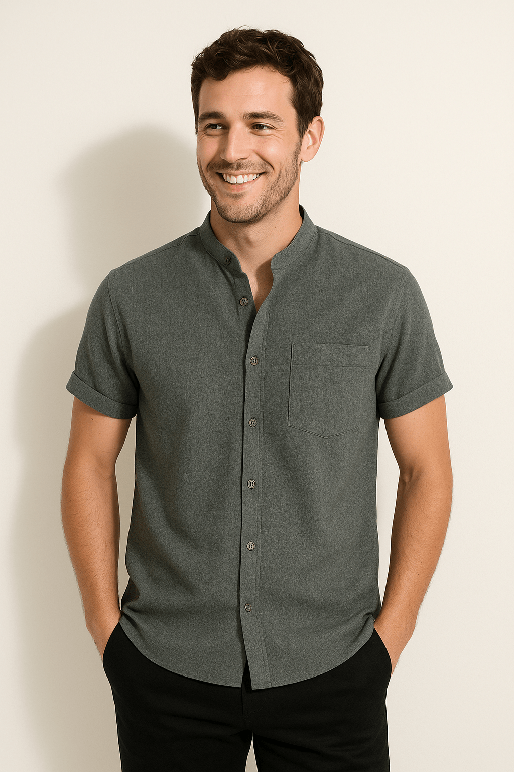 Koszula James z krótkim rękawem, stójką i kieszenią na piersi