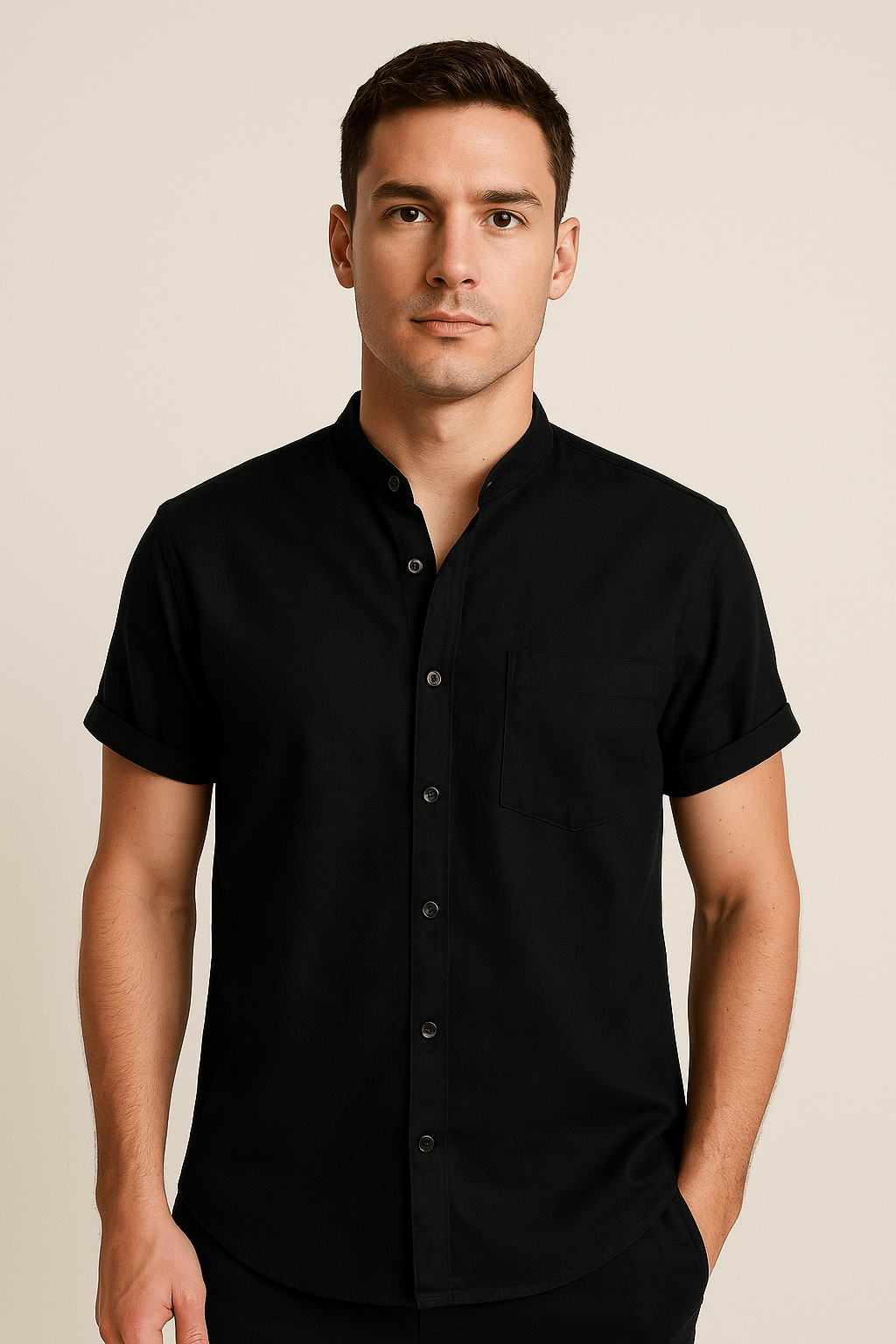 Koszula James z krótkim rękawem, stójką i kieszenią na piersi